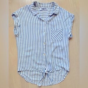 Blue and White Striped Short Cap Sleeve Tie Front Blouse